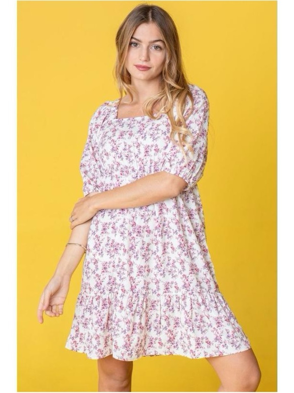 Floral Square-Neck Smock Dress in White and Pink